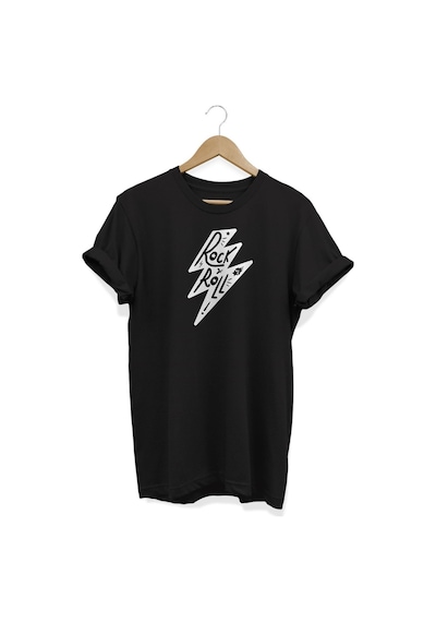 Rock & Roll Baskılı Siyah T-shirt Siyah