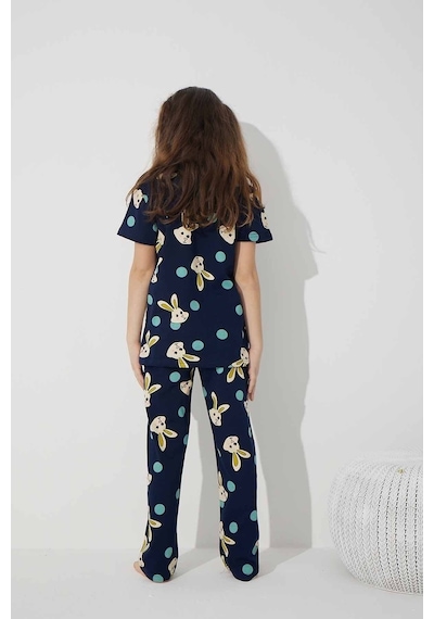Siyah İnci Pamuklu Likralı Düğmeli Pijama Takım Lacivert