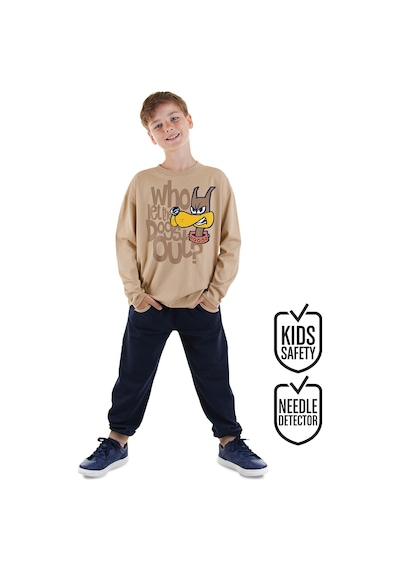Erkek Çocuk Kışlık Köpek Desenli Pamuklu Bej Uzun Kollu 2 Parça T-Shirt Pantolon Takımı 4-8 Yaş