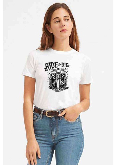 Ride Or Die Motorsiklet Motor Baskılı Beyaz Kadın Tshirt