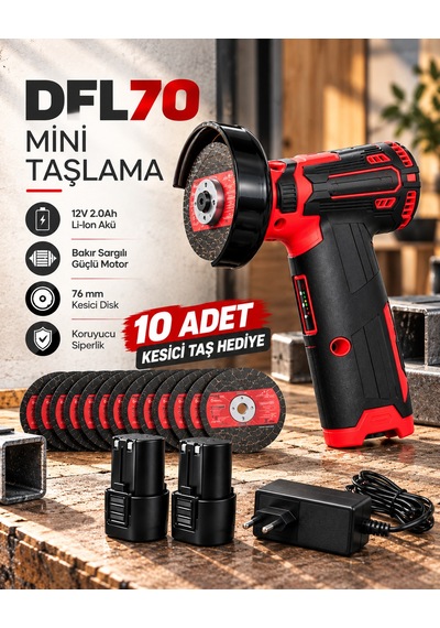 Dfl70 Mini Taşlama 12v 2.0ah Li-ıon Çift Akülü 76 Mm Kesici Disk 10 Adet Kesici Taş Hediyeli Beyaz - Çok Renkli
