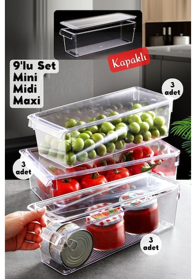 Nandy Home Kapaklı 9'lu Set Tall Clear Buzdolabı & Dolap Içi Düzenleyici Organizer Şeffaf