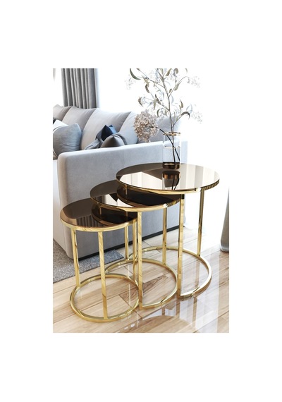 Faymend 3lü Lüx C Zigon Sehpa Gold Aynalı Altın