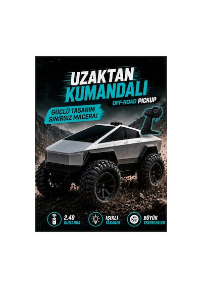 Tesla Cybertruck Görünümlü 1:18 Ölçü Uzaktan Kumandalı Pickup Araba Darbeye Dayanıklı Hafif Kasa - Işıklı - Şarj Edilebilir Pilli - 20x15cm Gri