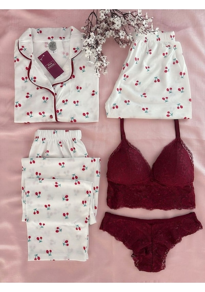 Mh Moony Homewears 5'li This Cerise Penye Pijama İç Giyim Çeyiz Seti Bordo Beyaz
