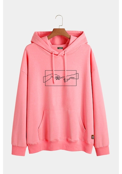 Unisex Pembe Kapüşonlu Adem'in Yaratılışı Baskılı Slim Fit Kanguru Cepli Sweatshirt Pembe