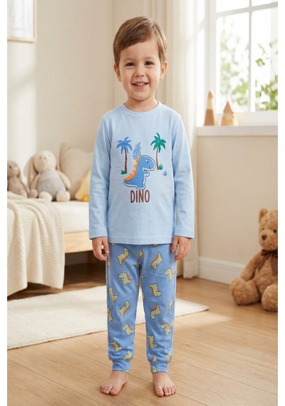 Aden Kids Pamuk Çocuk Uzun Kollu İnce Pijama Takımı  Mavi - Yeşil