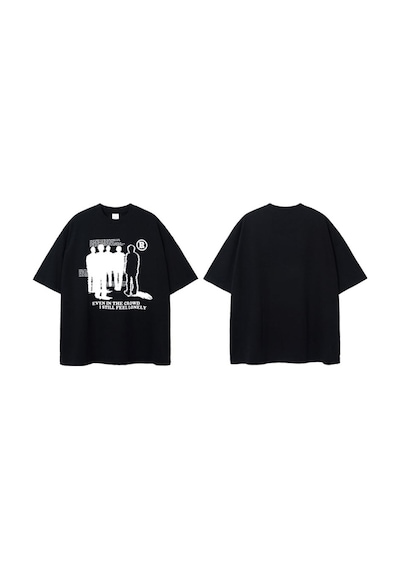 Flood Of Style Siyah Lonely Baskılı Bisiklet Yaka Oversize Erkek Tişört