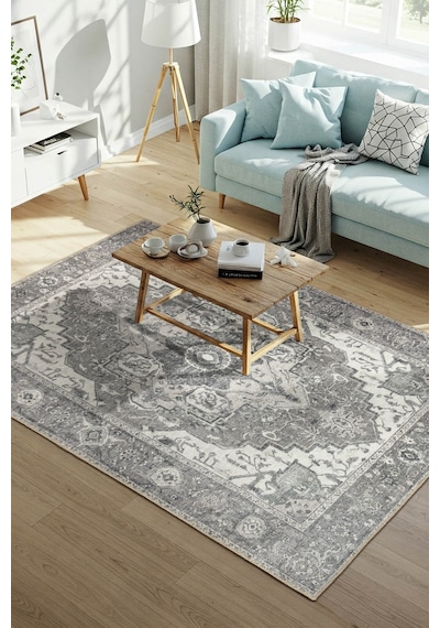 Artloop Stonart Eskitme Vintage Desenli Açık Gri Otantik Yıkanabilir Şönil Halı Al 450