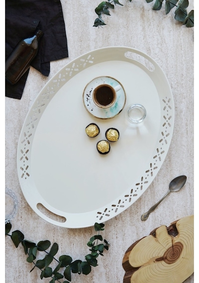 Oval Metal Servis Ve Sunum Tepsisi, Büyük Tepsi, Çay Kahve Tepsisi Krem