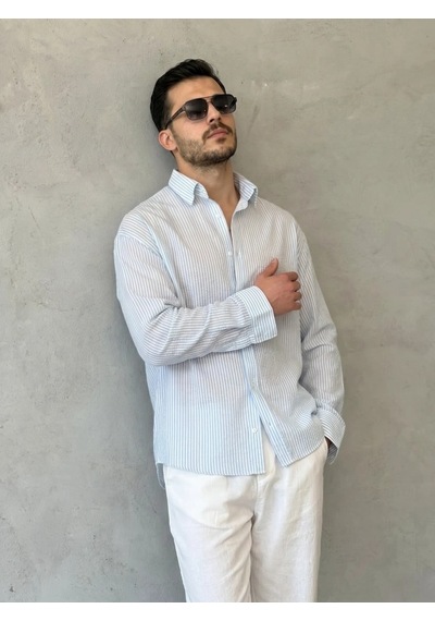 Valensdesign Erkek İnce Çizgili Gofre Kumaş Rahat Kalıp Gömlek Buz Mavi