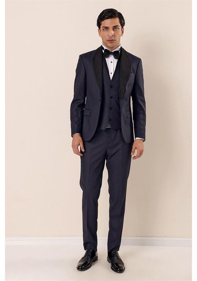 İmza Koyu Lacivert Desenli Çıkarılabilir Şal Yaka Yelekli 6 Drop Slim Fit Smokin Damatlık Takım 1001230203-Lacivert
