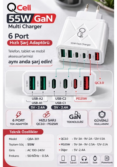 Qcell Super Fast Charger 6 Port 55 Watt Gan Beyaz Adaptör Süper Hızlı Şarj