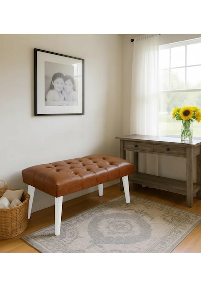 Waterybrook Bench Bank Puf - Suni Deri - Beyaz Ahşap Ayaklı - Retro Modern Tasarım & Dekoratif Sehpa Taba Kahve