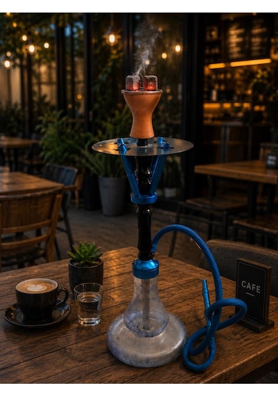 60 Cm Cam Hazneli Lüx Nargile Takımı Mavi Metal Gövdeli Modern Tasarım