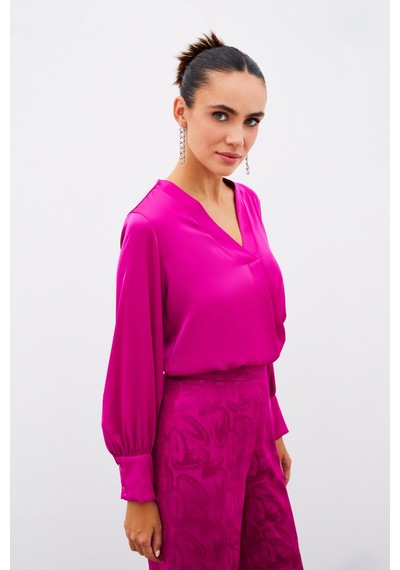 Sateen V Yaka Saten Bluz - Fusya-134905 Fusya Fuşya