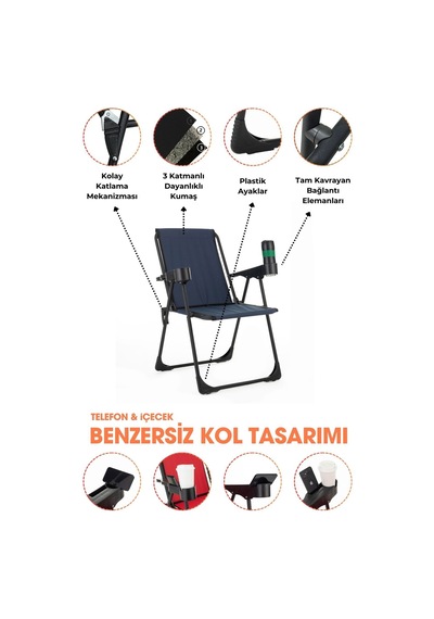 2 Adet Katlanır Bardaklıklı Kamp Sandalye Ve Masa Seti,taşınabilir Piknik Bahçe Sandalyesi Masa Seti Lacivert