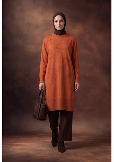 Armine Trend Yaprak Desenli Bisiklet Yaka Uzun Kollu Fitilli Detaylı Tunik Şeftali 26ktd408 Somon
