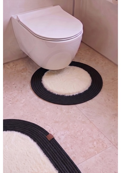 Banyo Paspası Takımı 60x100+60x60 Cm Düz Bej & Siyah Bej - Siyah