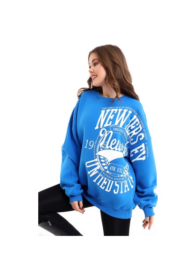 Winmoda34 Oversize Bisiklet Yaka 3 Iplik Şardonlu Kadın Sweatshirt New Jersey Mavi