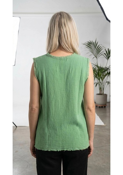 Byemelika Yuvarlak Yaka, Sıfır Kol, Bürümcük, Çizgili Desen Bluz Mint Yeşil