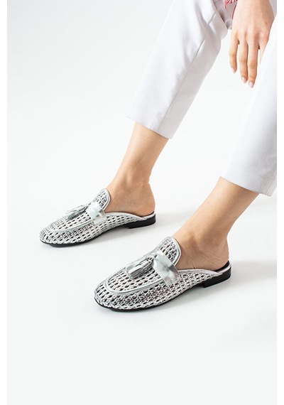Dericia Shoes Fable Hakiki Deri Günlük Rahat Kadın Terlik Gümüş