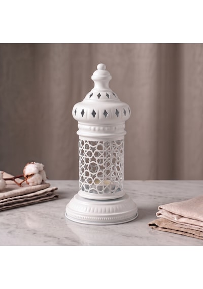 Beyaz Geometrik Metal Fener Selçuklu Yıldızı Çay Feneği Tutucu Minimalist Fas Mum Dekorasyonu