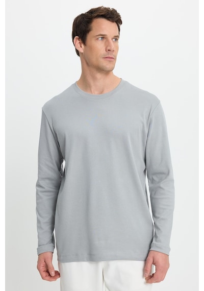 Tudors Unisex Relax Fit Rahat Kesim %100 Pamuk Uzun Kollu Bisiklet Yaka Gri Basic Tişört-41828 Gri