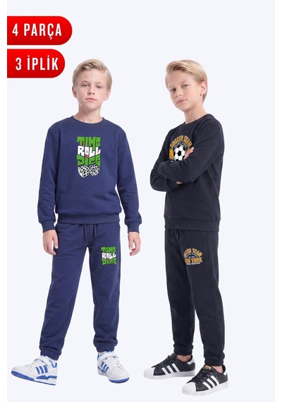 Fyk Kids 3 İplik Baskılı Erkek Çocuk Çift Cepli Bisiklet Yaka 2'li Eşofman Takımı 4 Parça Lacivert-siyah2
