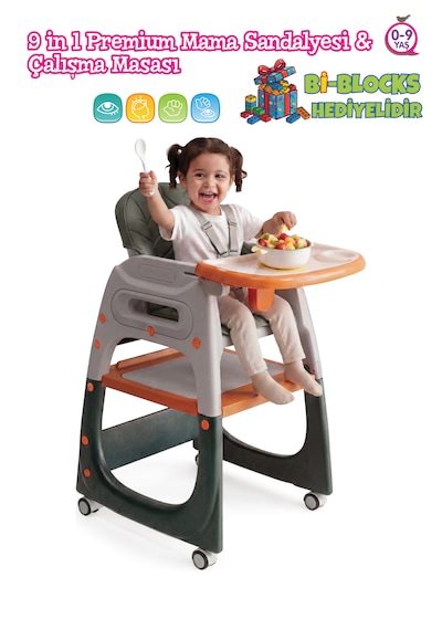9'u 1 Arada Dönüşebilen Mama Sandalyesi ve Aktivite Masası - Turuncu