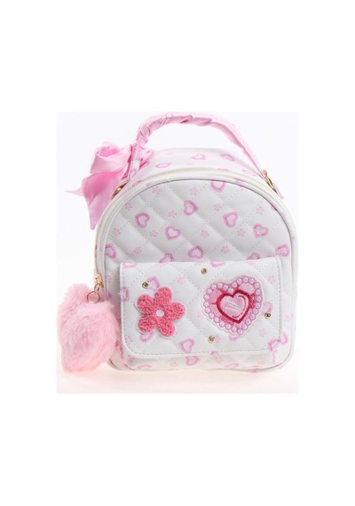 Myballistore Kapitoneli Beyaz Kalp Desenli Pembe Fiyonklu Mini Sırt Çantası 20x18cm