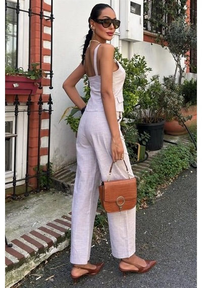 Soonaksesuar Kalın Askılı Bluz Pantolon Keten Takım 10187 Altın