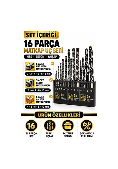 Matkap Ucu Seti 16 Parça Hss Beton Ahşap Delme