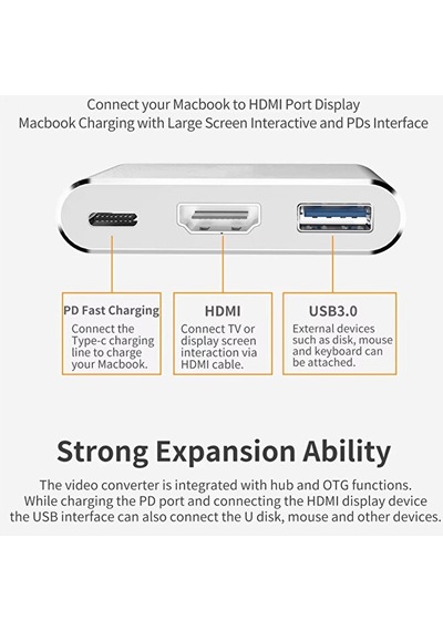 3in1 Type-c To 4k Hdmı - Usb 3.0 - Type-c Pd Şarj- Çevirici 4k Dö