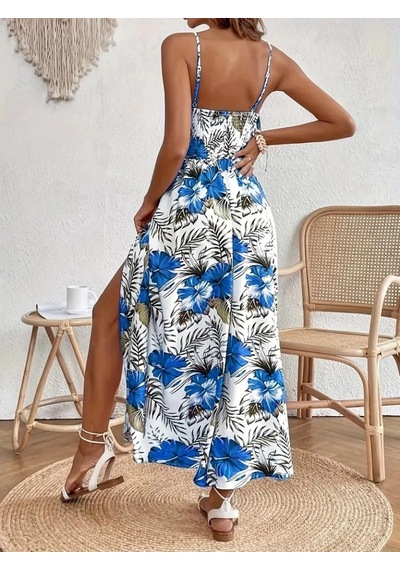 Defymoda Kadın Ip Askılı V Yakalı Bel Güpür Çiçek Desenli Yandan Yırtmaçlı Maksi Süprem Elbise