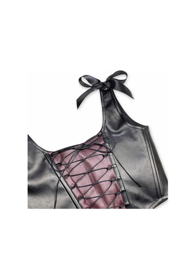 L'aura Corset Siyah Bordo Çapraz Bağlamalı Deri Korse Büstiyer
