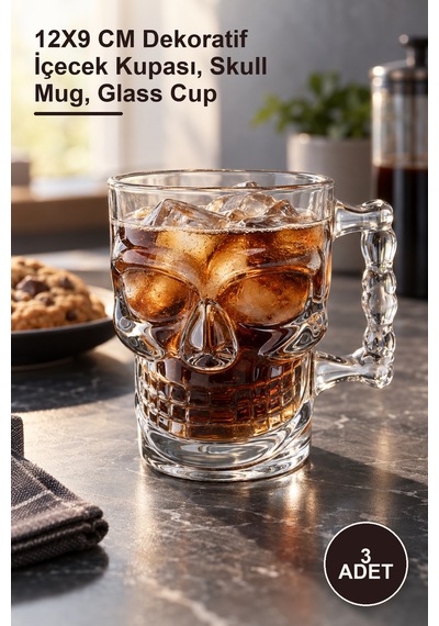 3 Adet Cam Kurukafa Kupa Bardak 12x9 Cm Dekoratif İçecek Kupası, Skull Mug, Glass Cup Diğer