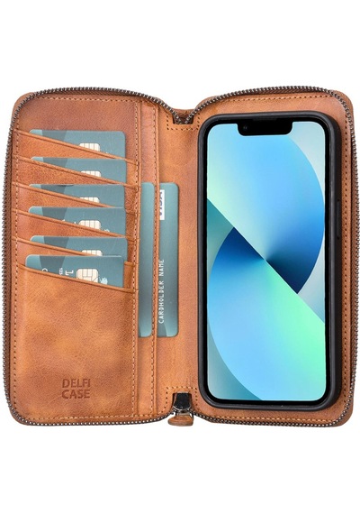 Plm Apple İphone 13 Uyumlu Deri Zip Kılıf Tn11 Karamel