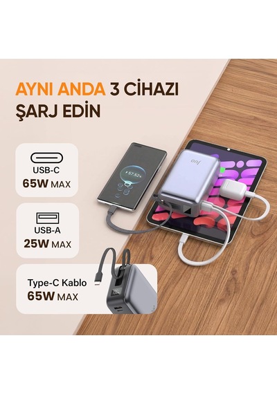 Tr 30000mah 65w Led Ekranlı Usb-a + Type-c Dahili Kablolu Powerbank Taşınabilir Pd Hızlı Şarj Cihazı