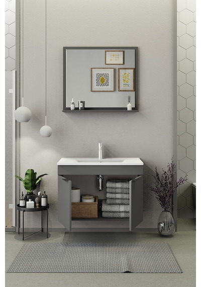 Biani Fix Arya 85 Cm Banyo Dolabı,Seramik Lavabolu, Aynalı,Lavabo Dahil,Mdf,Mat Gri