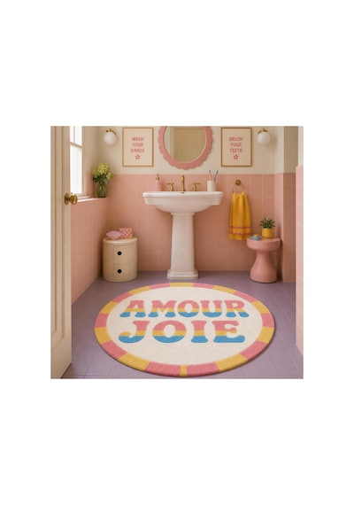 "aura" Serisi - Amour Joie Yazılı Retro Yuvarlak Krem Pembe Sarı Pastel Dokuma Taban Dekoratif Halı Aura27 Çok Renkli