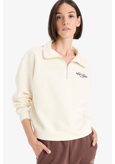 Defacto Regular Fit Yarım Fermuarlı Baskılı Kalın Sweatshirt F1066AX25AU Bej