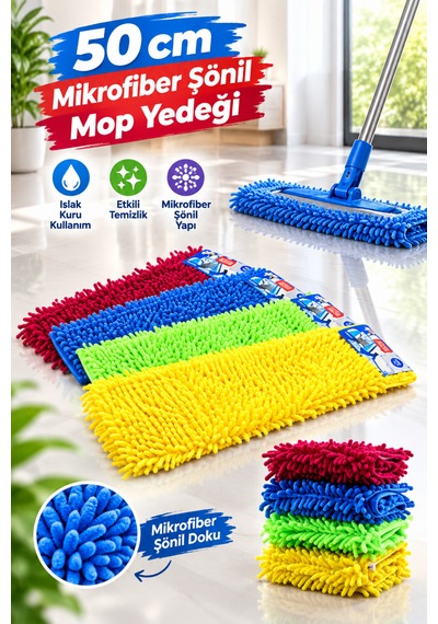 50 Cm Mikrofiber Şönil Mop Yedeği Islak Kuru Kullanıma Uygun Püsküllü Makarna Mop Başlığı