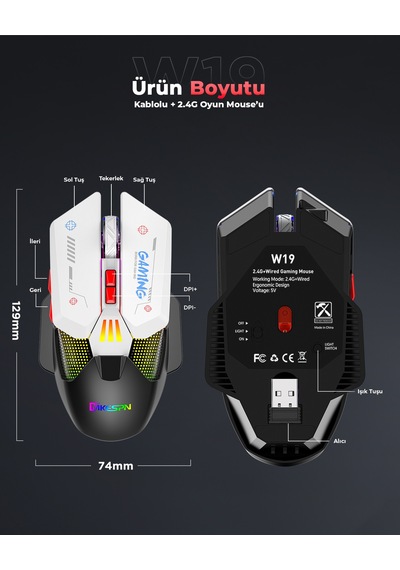 Mkespn W19 Dual Mode Kablosuz Gaming Mouse 10000 Dpı 7 Tuş Makro 1000hz Rgb - Siyah Beyaz