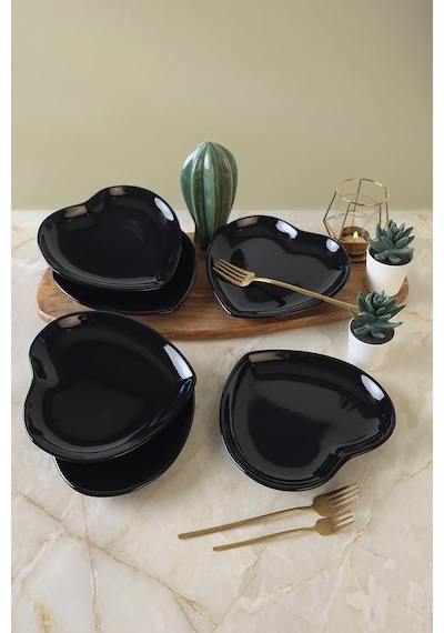 Lexroo Siyah Kalp Pasta Tabağı 20 Cm 6 Adet 650