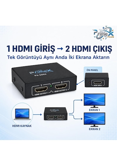 Primex Px-5002 2 Port Hdmı Splitter, 1 Giriş 2 Çıkış Adaptörlü Hdmı Çoklayıcı, 1080p 2k 4k Fhd 3d Görüntü Dağıtıcı, Pc Laptop Uydu Alıcı Ps5 Xbox Dvr Nvr Tv Box İçin Aynı Görüntü Ekran Çoğaltıcı
