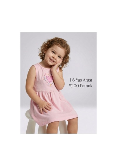 Ketbaby Kız Çocuk Kalp Desenli Pembe Elbise 1-6 %100 Pamuklu 1-6 Yaş Pembe Pembe