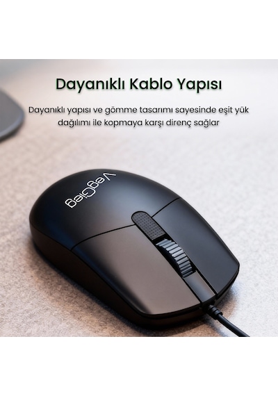 Veggieg G005 Optik 3 Tuşlu Sağ Ve Sol Elle Kullanıma Uygun Usb Kablolu Mouse Siyah Diğer