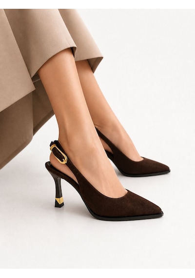 Papucumun Dünyası Siyah Slingback Sivri Burun Topukta Gold Metal Detaylı Ayarlanabilir Arka Tokalı Stiletto Kahverengi Papucumun Dünyası Siyah Slingback Sivri Burun Topukta Gold Metal Detaylı Ayarlanabilir Arka Tokalı Stiletto Kahverengi