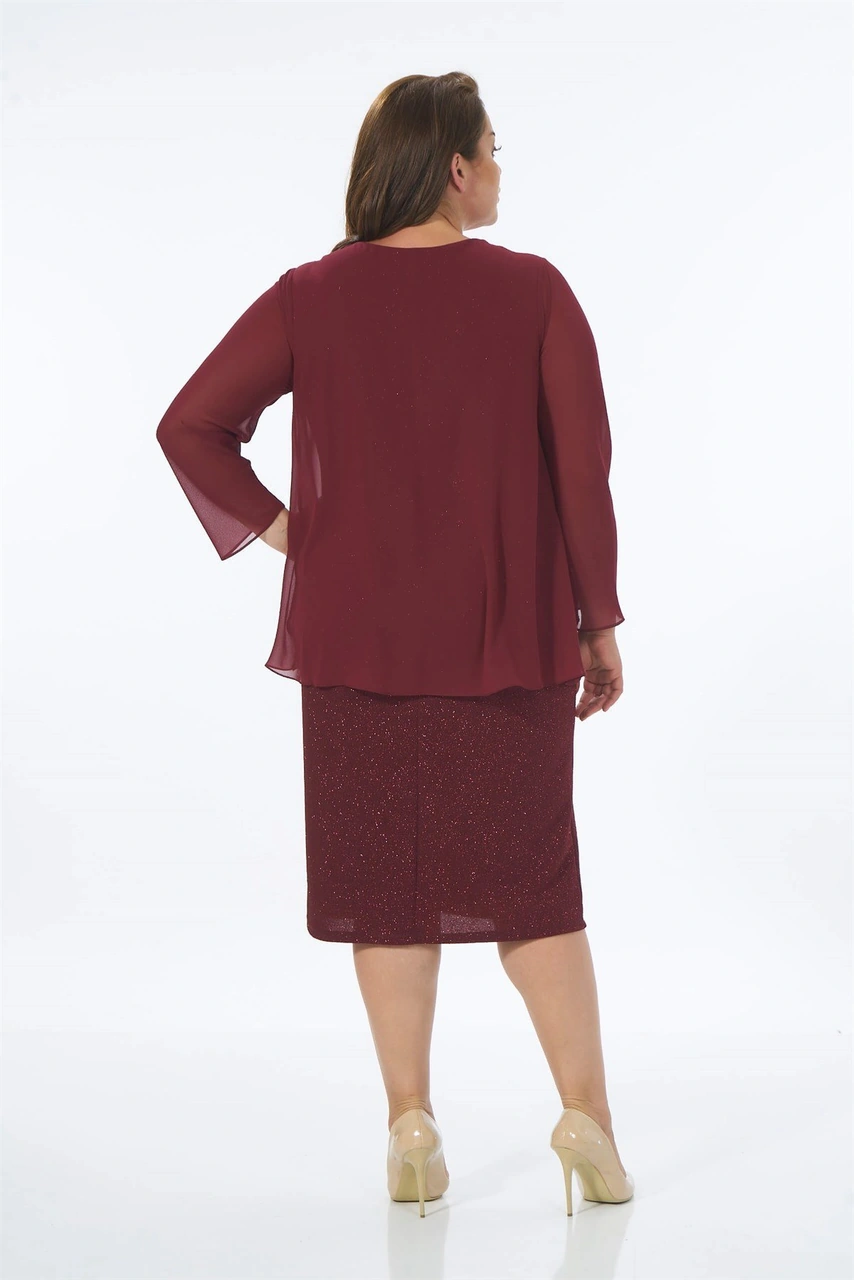 Lilas Xxl Büyük Beden Bordo Renkli Likralı Simli Abiye Elbise Bordo